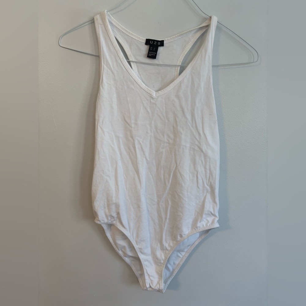 U2B White Sleeveless Vneck Tank Top Full Bottom Bodysuit Women’s Size Medium